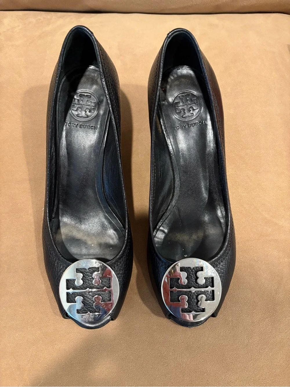 Tory Burch Black Leather Wedge Heels with Silver Logo Medallion